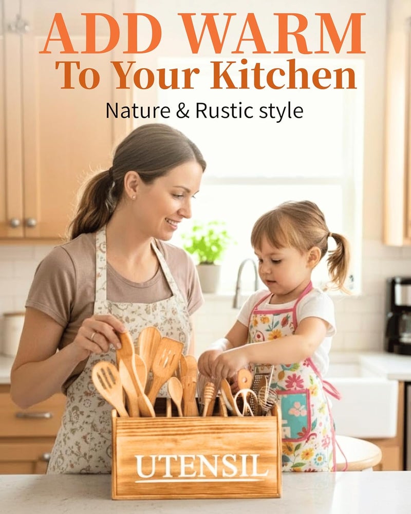 brekle Kitchen Utensil Holder Rustic Large Wooden Utensil Organizer Cooking Tools Storage (Farmhouse Wooden) - Image 3